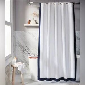 NEW HOTEL LUXURY SHOWER CURTAIN 72 X 72 WHITE w NAVY BORDER 100% COTTON